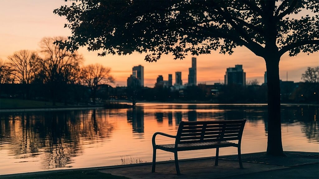 A tranquil city park at dusk with a reflective pond, silhouetted trees, and a warm orange-pink sky, evoking mindfulness and calm.