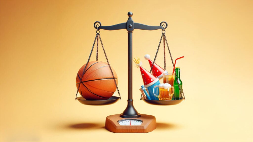 A scale holds a basketball on one side and a beer with liquor on the other