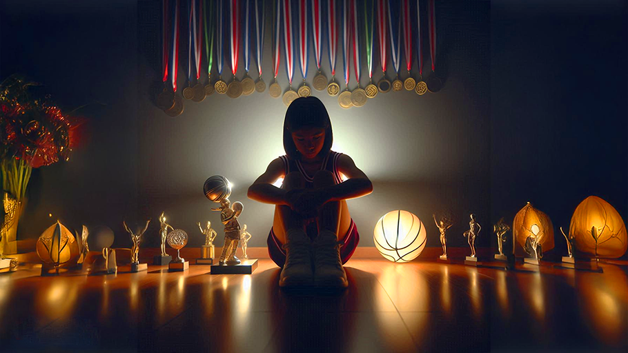 A girl sits on the floor, surrounded by basketball trophies, showcasing her achievements and passion for the sport.